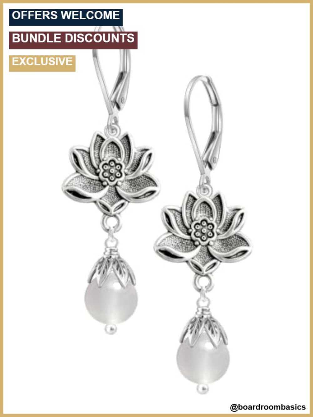 Platinum Plated Silver Leverback Lotus Natural Stone Drop Earrings 55mm